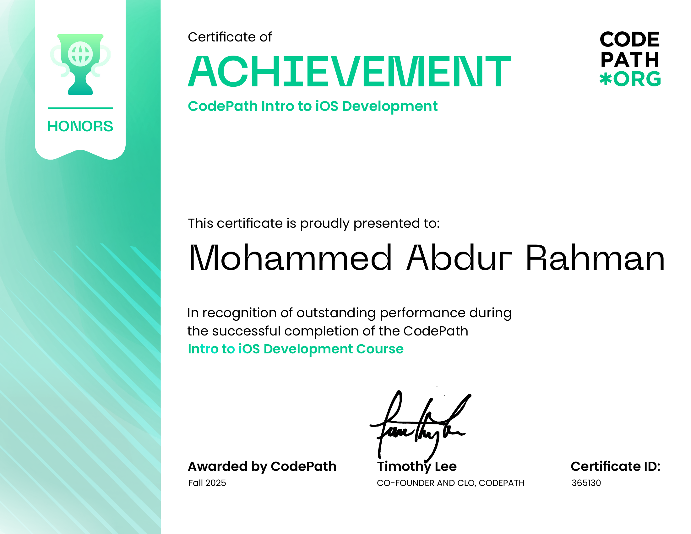 Introduction to iOS Development — Honors certificate issued to Mohammed Abdur Rahman by CodePath